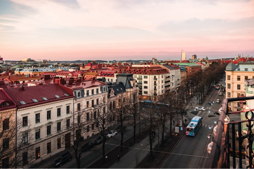 Rooftop view over central Gothenburg at dusk.