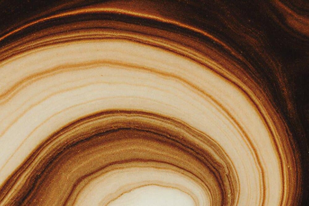 Close-up of swirling brown and cream layers, like rings in polished wood or agate.