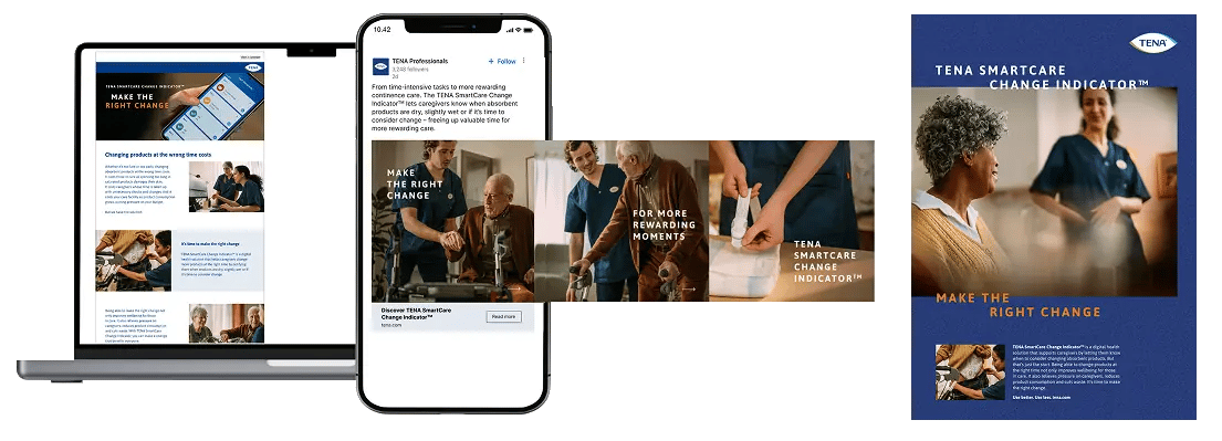 The TENA SmartCare campaign across formats – email on a laptop, social posts on a phone, banner ads, and a printed brochure.