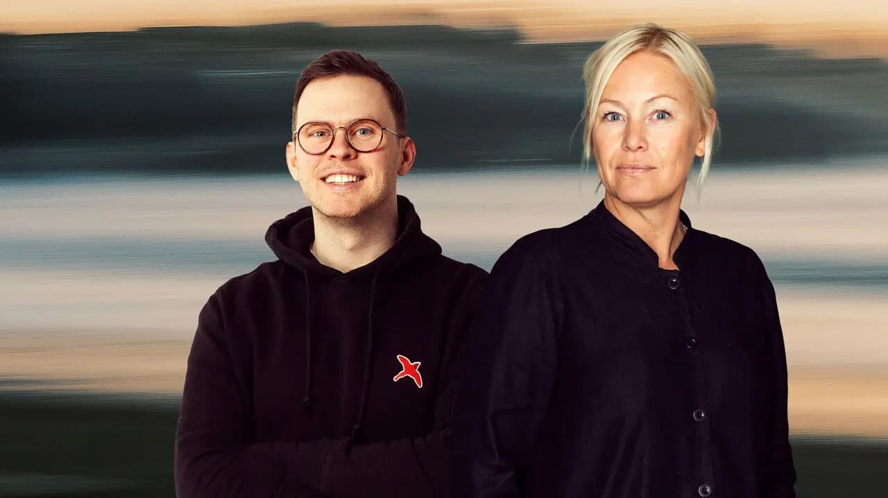 Karin Hedberg and Oliver Rogers side by side against a blurred painterly backdrop.