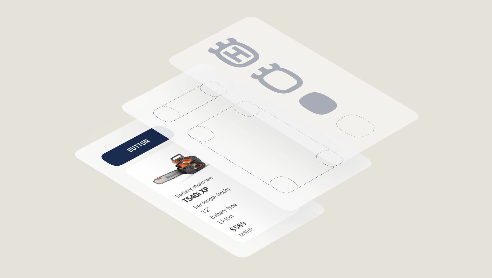 Layered white identity templates fanned over a beige backdrop – product card, logo shapes and layout sheets from one brand system.