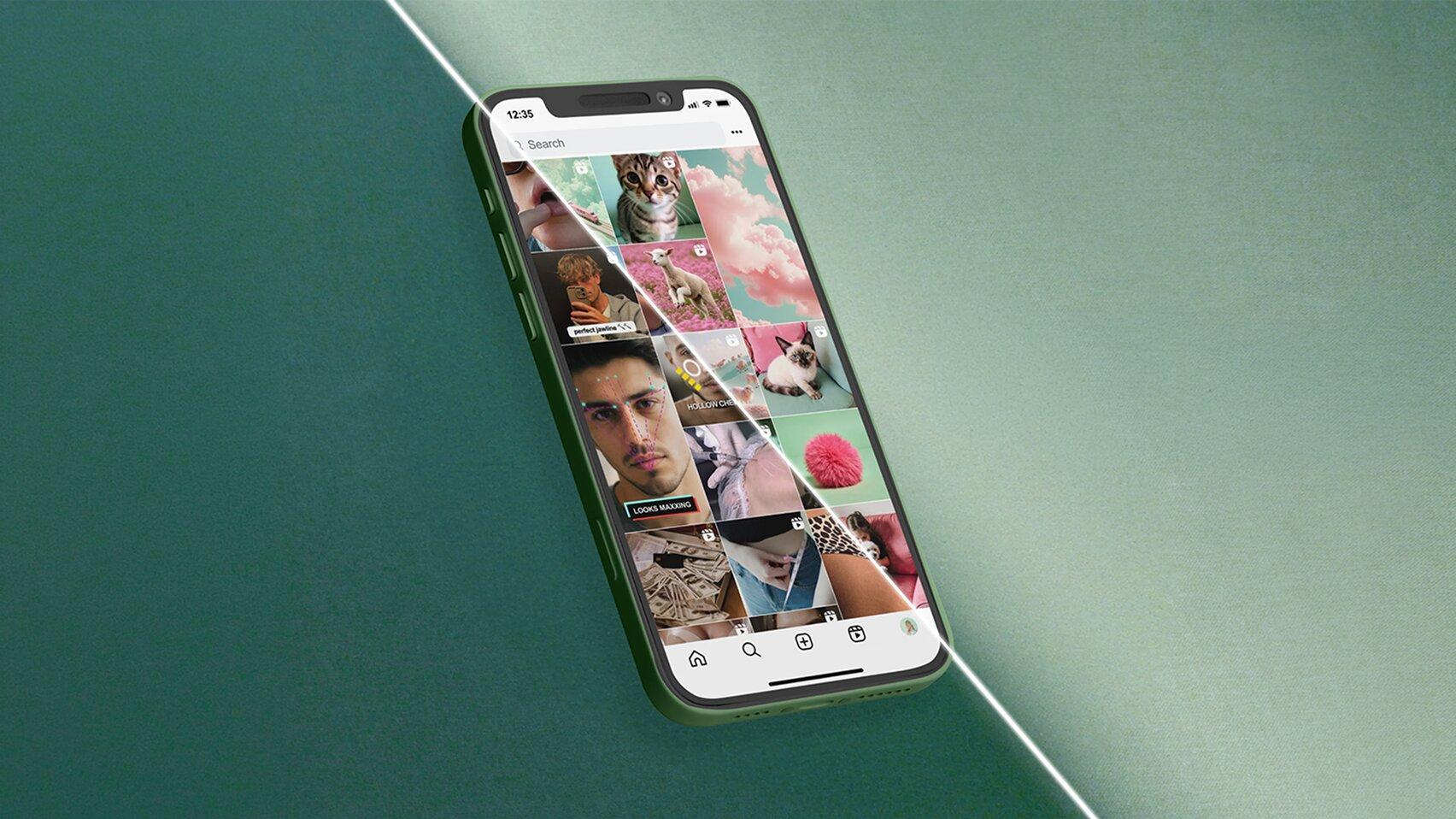 A green smartphone on green fabric, its social feed split by a diagonal beam of light – one side crowded with face-scanning filters and looks-obsessed clips, the other with kittens, lambs and soft pink clouds.