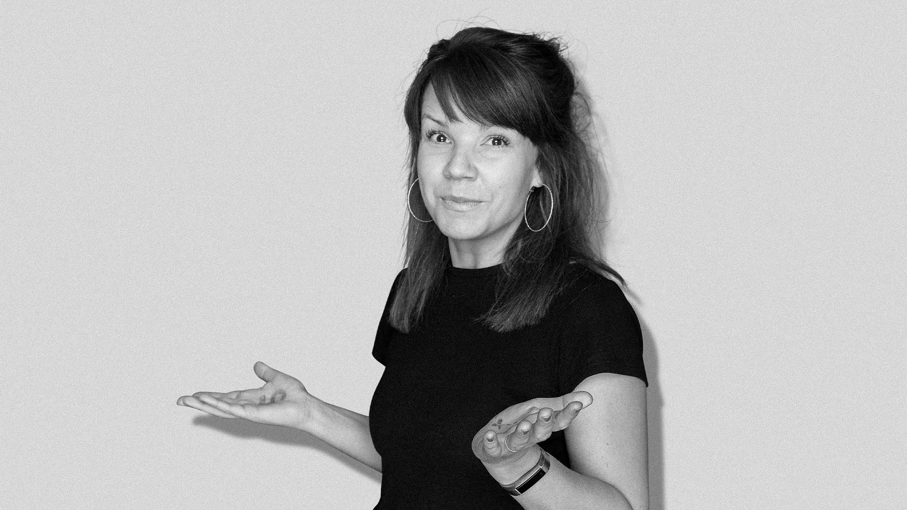 Black-and-white studio portrait of Astrid Allde, Copywriter at Stendahls.