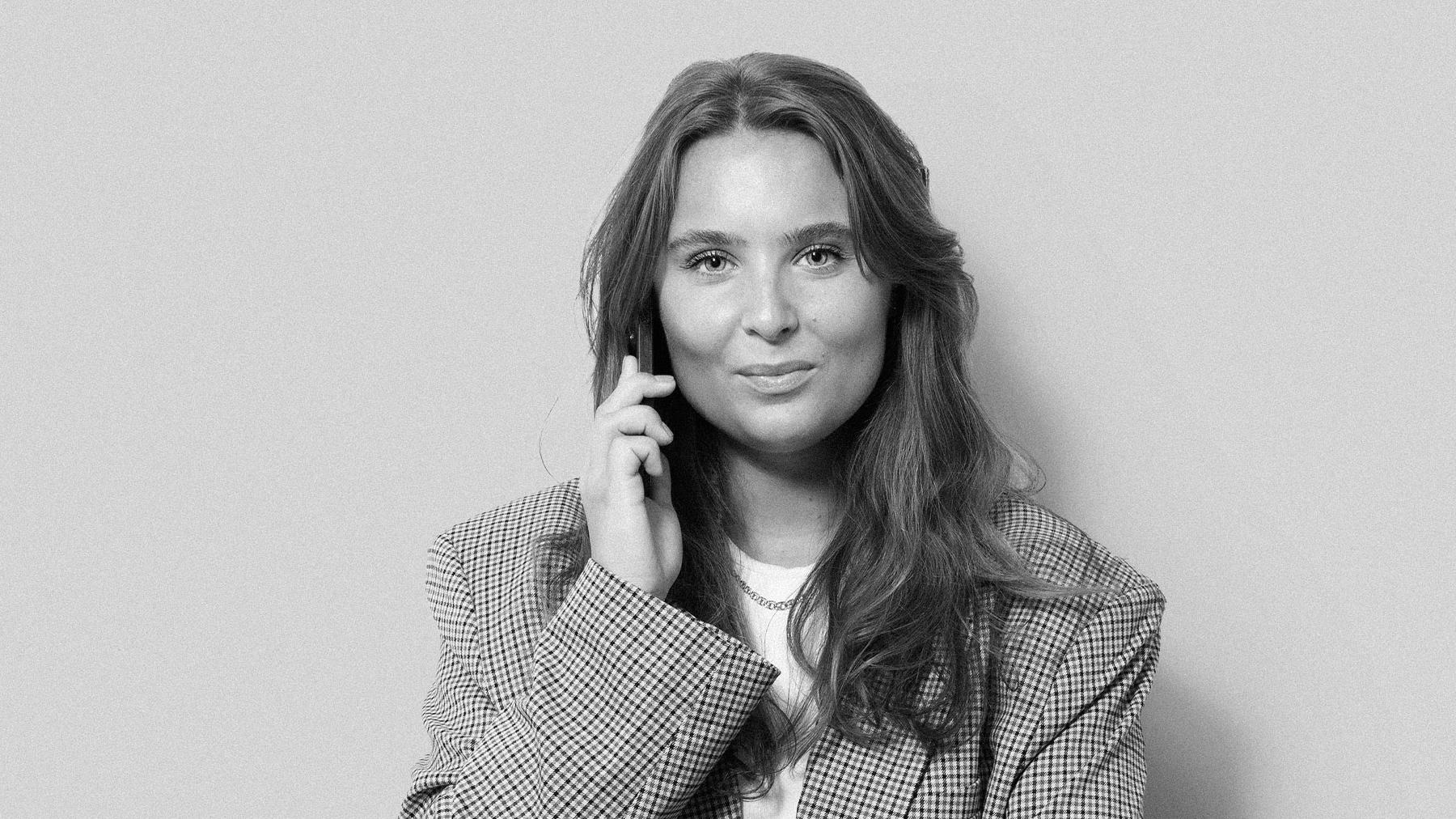 Black-and-white studio portrait of Miranda Fredriksson, PR Strategist at Stendahls.
