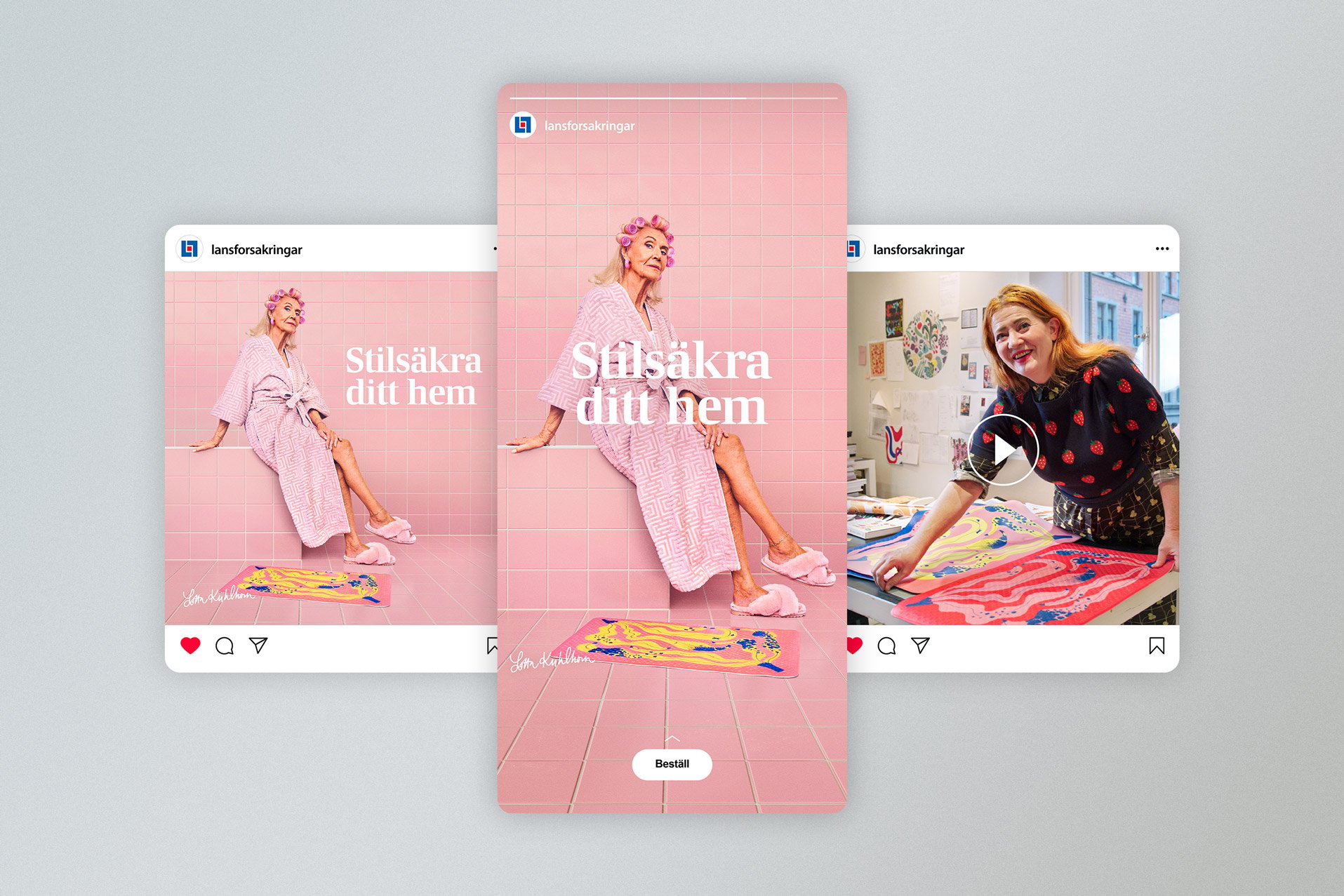 Three Instagram mock-ups of the campaign – a feed post, a story with a "Beställ" order button, and a video of designer Lotta Kühlhorn printing the mat patterns at her studio.