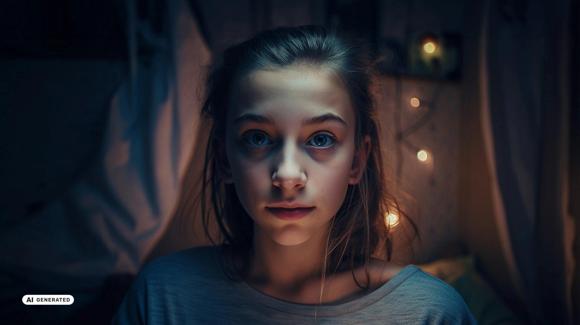 AI-generated portrait of Laika, an AI teenager raised entirely on social media – digital, eerie, ambiguous. The image carries the EU AI-generated content label.