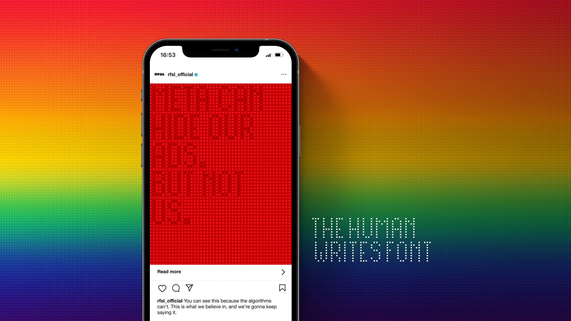 A phone against a rainbow gradient showing an RFSL Instagram post – "Meta can hide our ads. But not us." set in the pixel-style Human Writes Font.
