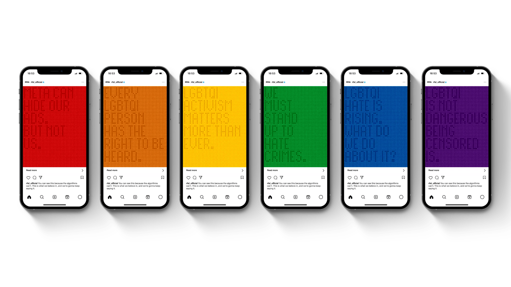 Six phones in a row, each showing an RFSL post in a rainbow colour – red, orange, yellow, green, blue, and purple – all set in the Human Writes Font.