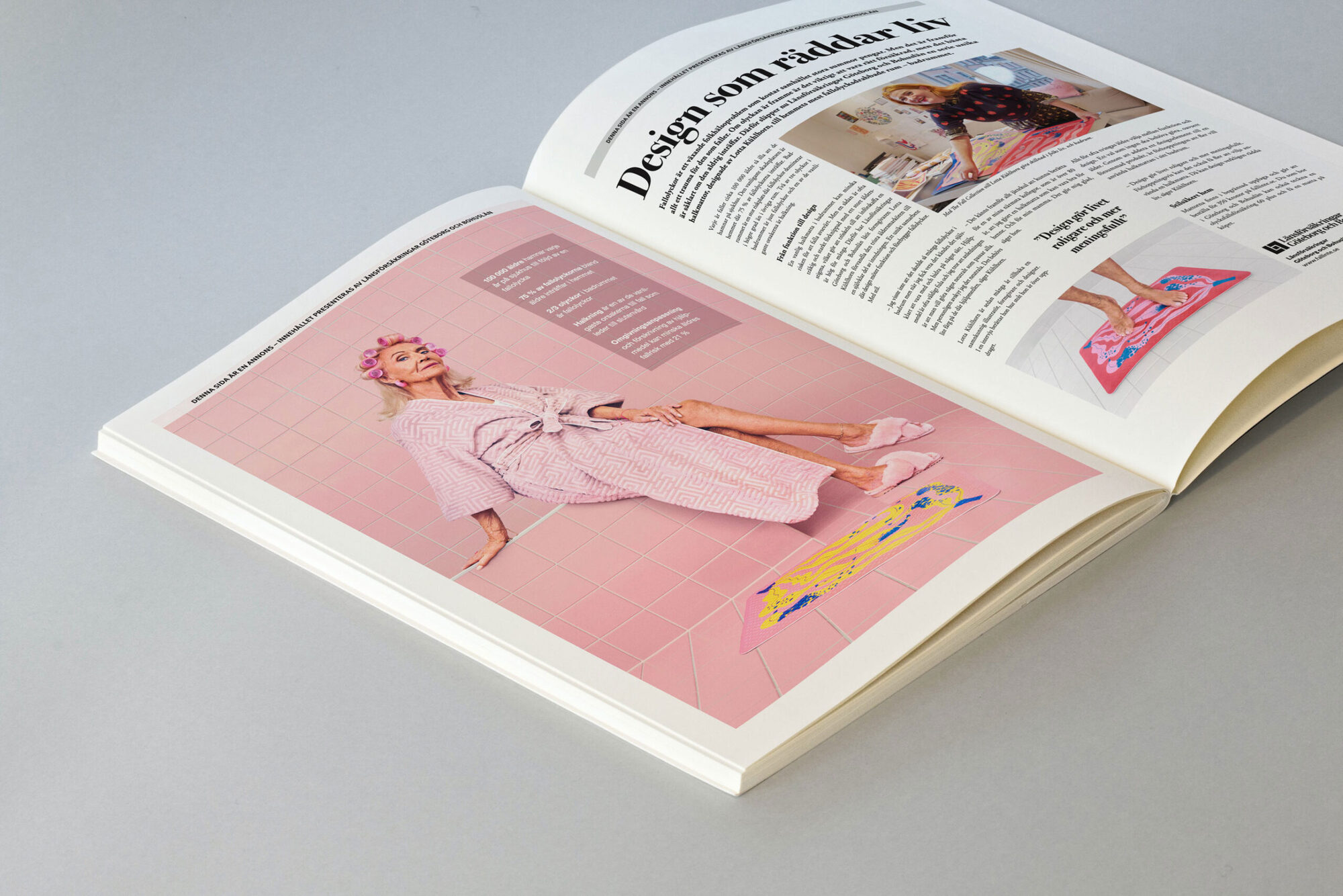 A printed magazine spread headlined "Design som räddar liv", featuring the campaign photography and the patterned anti-slip mat.