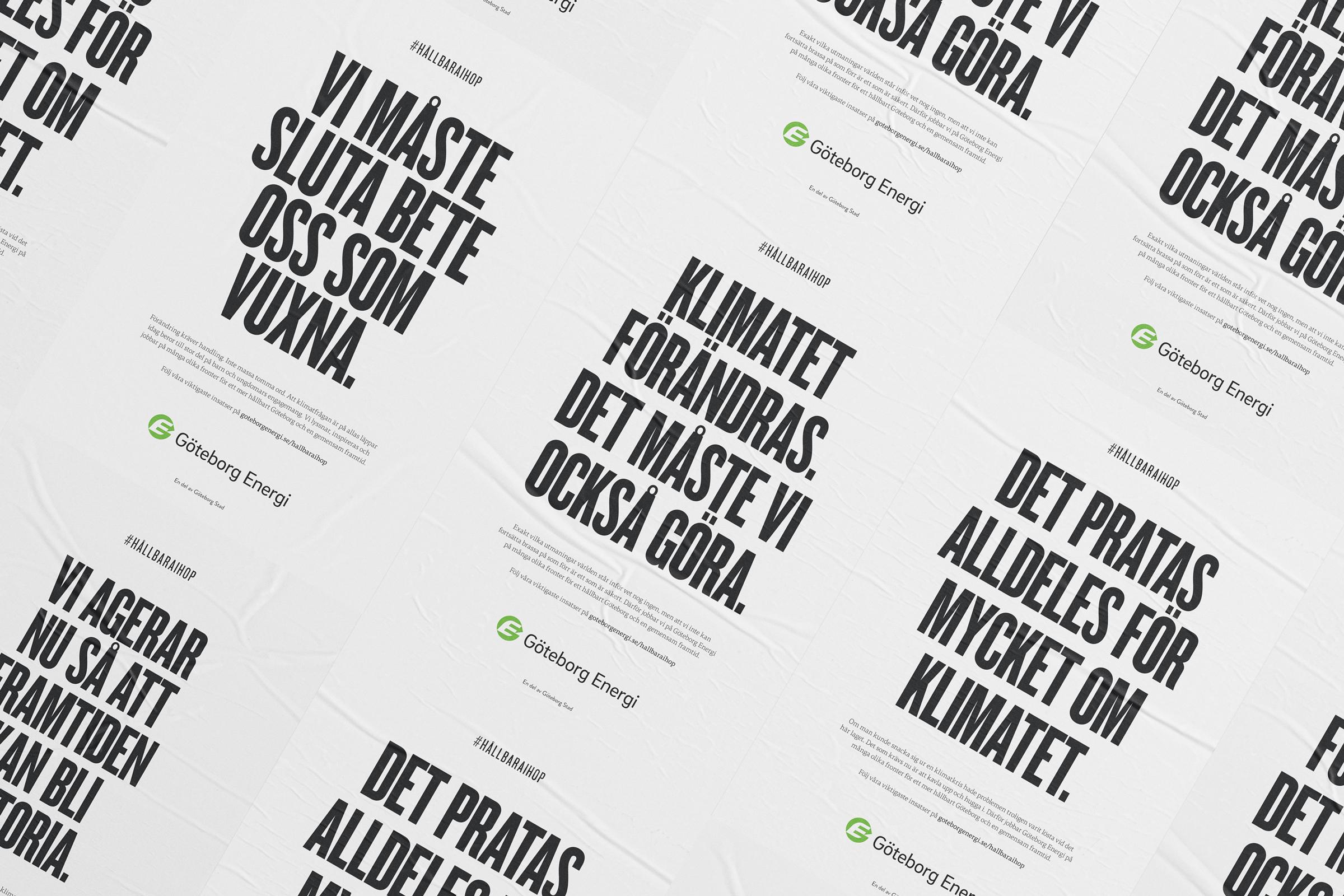Posters in Swedish with bold text advocating climate action, featuring Göteborg Energi's logo and hashtag #Hållbaraihop.