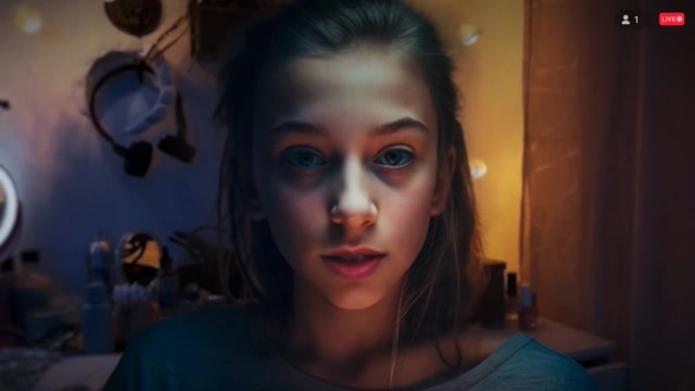 The Laika 13 film – Laika livestreaming from her room, looking straight into the camera.
